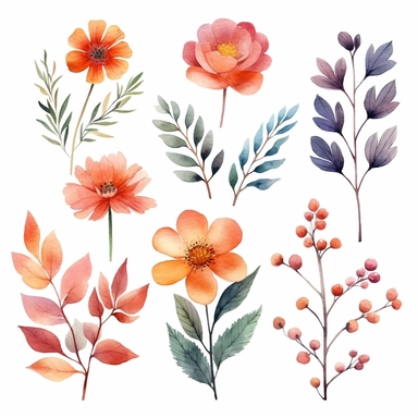 atercolor, handpainted floral clipart, transparent background, 6 elements evenly spaced out by 1 inches