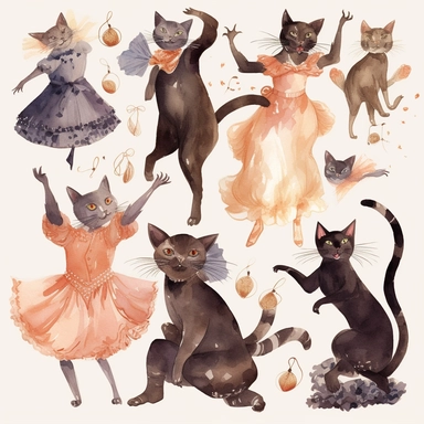 watercolor clipart, cats, dancing, Art Nouveau, highlty detailed