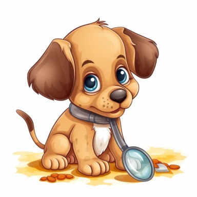Picture a curious clipart puppy with a magnifying glass, investigating a trail of paw prints, as if on a detective adventure, against a white background.