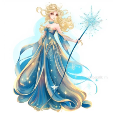 A fairy godmother with a magic wand. clipart. hand-coloring. illustrated character, in the style of light gold and dark azure, cartoonish style, transparent layers, airbrushing, dollcore, party kei, mirrored realms