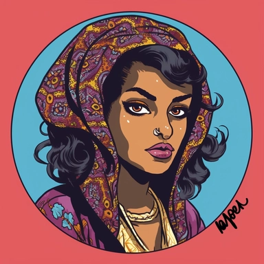 Mike Allred's painting depicting a fashionable professional mysterious young girl African Persian spy, Amoako Boafo Josh Kirby, handpainted punk zine indie retrowave, clipart illustration, circular solid background, circular border