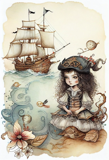 WHIMSICAL FANTASY Magical NAUTICAL SCENE with sea shells and butterflies and a CUTE PIRATE GIRL AND PIRATE SHIP by [Rebecca Latham + Sarah Stribbling + sumi-e + nicoletta ceccoli], epic scene, soft watercolor vintage CLIPART, illustration, hyper realistic, intricate detail clipart, watercolor, painterly, Jean-Baptiste Monge, drawing on top of old grunge beautiful scrapbooking background paper, old paper texture, decoupage printable digital background, distressed borders, vintage borders, grunge 