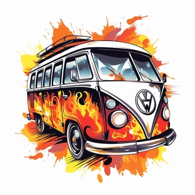 clip art style of a vw black bus surrounded by flames on a white background