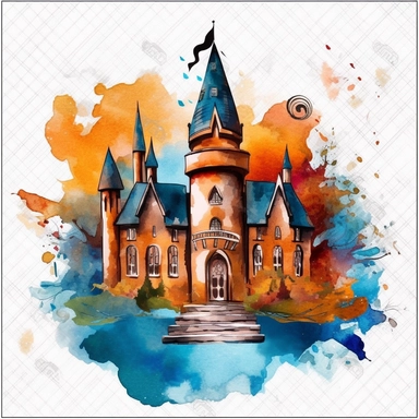 wizarding school, vector art, simple, cartoon,2d, watercolor clipart