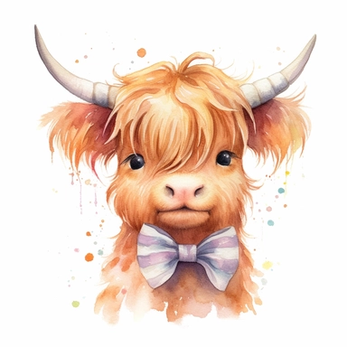 A cute highland cow adorned with a bow around its neck, adding a touch of sweetness and style, light watercolor, watercolor splash, few details, Studio Ghibli, clipart, white background