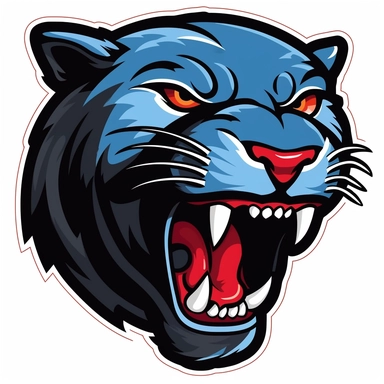 2d, flat, sports team logo style, clipart, front of face, panther, black with teeth, white background, no highlights, not a tiger. red tongue, white teeth, blue fur