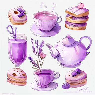 Draw a set of cartoon - style watercolor illustrations of a lavender - themed afternoon tea in shades of purple and pink. The images should have a elegant, refined, and sweet aesthetic, incorporating elements such as lavender - scented desserts, teas, and other culinary items such as macarons, scones, and a teapot. Individual images cliparts