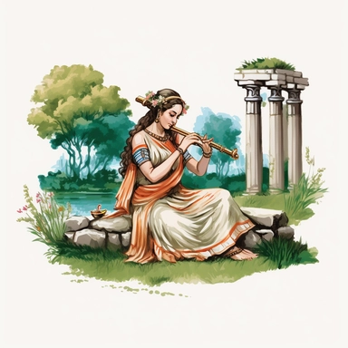 a beautiful and ultra realistic hellenistic dressed happy woman playing side flute on the grass with watercolor effect,ultra realistic and detailed face,ancient greece vibe,white background,suitable for digital clipart,hellenistic scene,ancient greece,vibrantly colors,greek columns