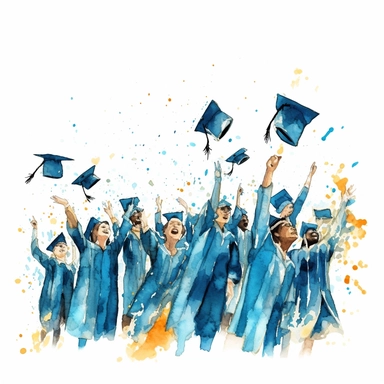 watercolor style, Graduation hat toss: Clipart showing a group of graduates throwing their caps in the air, celebrating the completion of their studies. clipart, isolated on white background, 4K