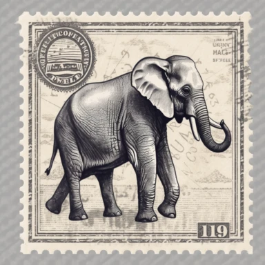 Postage stamp clipart of [elephant], paper, clean crisp minimilistic illustration, [grey] colors