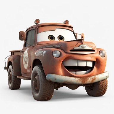 Mater hero from cartoon cars Disney Pixar, clipart, smile, sideway, no shadow, white background