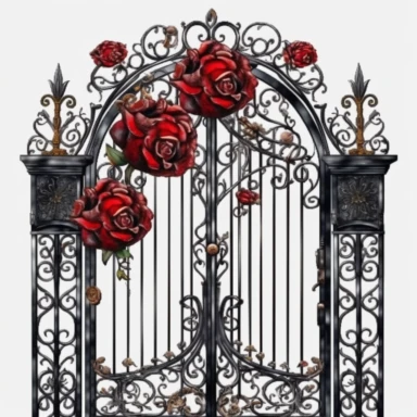 clipart, highly detailed black, wrought-iron gate, red roses, watercolor, transparent background, white background