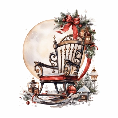 Watercolor, cute christmas rocking chair, magical, fantasy, clipart, white background detailed, 8k, high resolution, style of Sandi Mower, clean white background