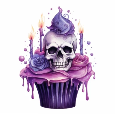 black and purple mouthwatering birthday cupcake with one lit candle on, swirly purple icing, bat with outstretched wings on human skull, hearts, watercolour illustration clipart, extremely detailed, 4k, high quality, colour scheme black, purple, isolated on white background