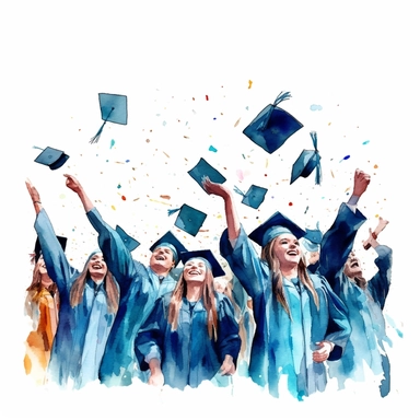 watercolor style, Graduation hat toss: Clipart showing a group of graduates throwing their caps in the air, celebrating the completion of their studies. clipart, isolated on white background, 4K