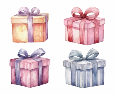 watercolor four gift boxes clipart, flat style, no volume, few details, washed out, minimalistic style, very lose details, very light colors, transparent colors, light airy hues and pastel tones, spaced out, white background, washed out colors and paint, hand-painted watercolor, watercolor paper with visible rough paper texture, a variety of watercolor brushes, do not cross workspace borders, rough watercolor paper texture on top