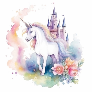 using the uploaded image as a reference for the style, create a watercolour illustration of a unicorn, high quality, 300 DPI, 8k resolution, around the unicorn on a white background create 5 clipart individual objects (a rainbow, a cloud, a heart, a star, a castle) , in the style of the illustrator Beatrix Potter