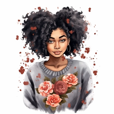 ultra detailed Black Girl Self Love Clipart, solid white background, cozy outfit, beautiful hair, super cute , super hot, self love, peaceful, floral heart, watercolor, floral, contour, PHOTOREALISM portrait , by ANIMATION