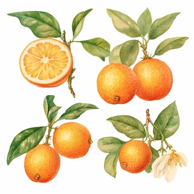 A colorful watercolor antique orange citrus botanical clipart in PNG format, with a white background and easy to cut out