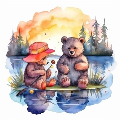 watercolor big bear and little bear clipart, sitting together, fishing on lake, with beautiful background of a sunset, bright colors, on a white background