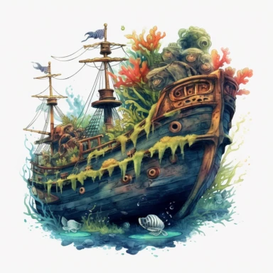 Horror style overrealistic mystical submerged pirate ship covered mosses and seashells bottom of the sea with watercolor effect, dark blue water, dark green mosses, deep water, sea plants, coral and mussel, , random fishes, undersea details, suitable for digital clipart, white background