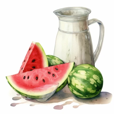 realistic high detailed watercolor watermelons and a jug of milk clipart, white background,