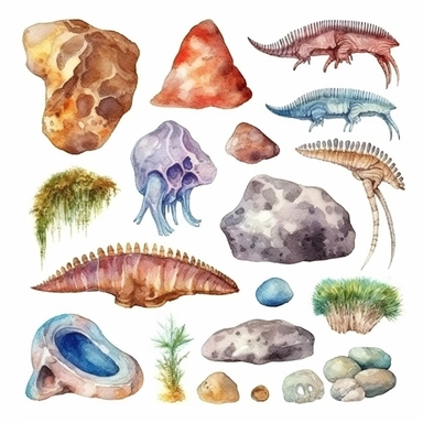 dinosaur bone elements, clipart set on white background, watercolor