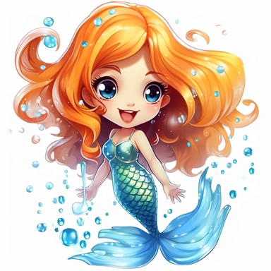 full body with fish tail chibi kawaii mermaid girl with ginger hair on white background, water splashes, colorful clipart