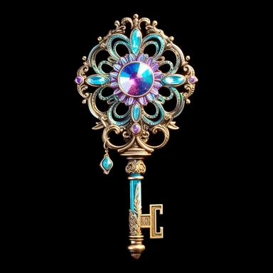A mesmerizing clipart showcasing a legendary fairy tale tool: a shimmering and ornate key of wondrous proportions. The key should possess intricate details, such as delicate engravings depicting mythical creatures or symbols of magic. Its handle should be crafted from a rare and iridescent material, radiating an ethereal glow. The teeth of the key should be intricate and unique, as if they hold the secrets to unlocking mystical realms. Place the key against a pristine white background