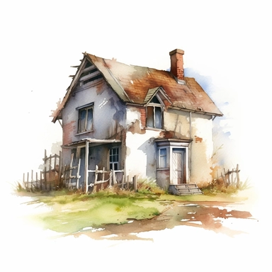 watercolour small broken and abandoned house, clipart on white background, no watermark, highly detailed, professional color gradation, clean sharpness