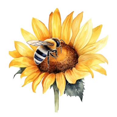 Hand Painted Watercolor honeybee sitting on a sunflower Clipart, white background, cute illustration