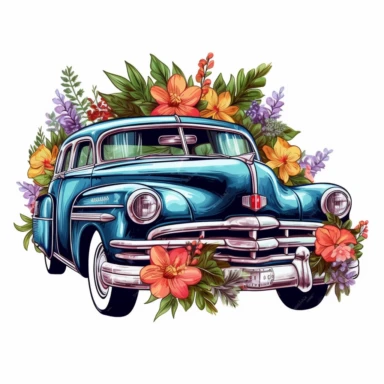 Retro Old Car with Flowers PNG Clipart Portraits, Illustration clipart, 4K, extremely detailed Sublimation Clipart,Cartoon,hyper realistic, intricate detail, illustration style,high solution,on the white background