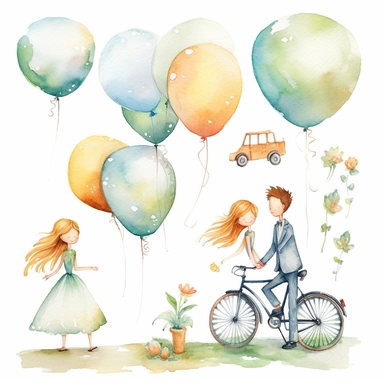 Watercolor wedding cute illustrations clipart set, simple, soft colors, green, yellow, lilac, mint, orange, red cartoon elements, different variants, girl with long braids on wedding day, wedding, husband and wife, veil, garland, balloons, wedding bouquet, gold rings, wedding cake, wooden elements, they sit on a bench, on a car, on a bicycle, white transparent background, separate elements with a margin