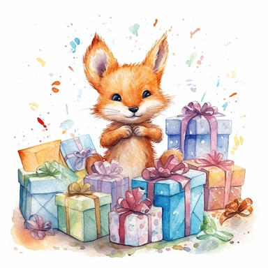 one birthday gift clipart on a white background, in the style of realistic watercolor paintings, toycore, fantastical compositions, characterized animals, tonal variations in color, highly detailed illustrations, no watermark, text, words, paintbrush , 300 DPI , typography, the images do not stick together, no text in the picture