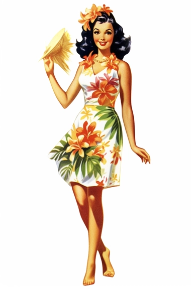 a woman hawaiian doing a luau on a beach, retro cartoon, drawing clipart, Tropical Sublimation, Coconut Girl, Hibiscus, white background