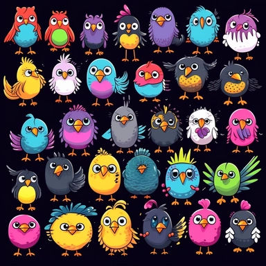 cute cartoon bird clipart, black background,--no cut off edges