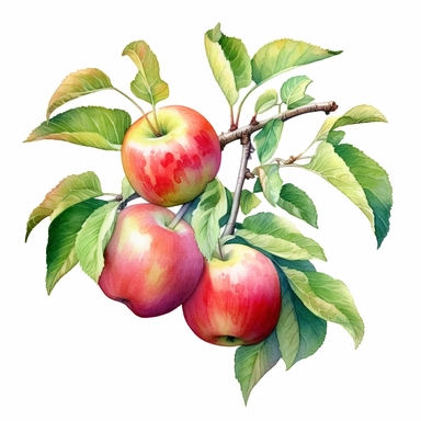 Botanical illustration, a branch of apples, sharp outlines, sharp handwriting watercolor clip art, comics, full size watercolor, watercolor style, Timothy Easton's style