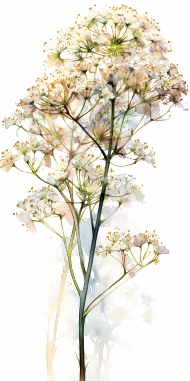 Watercolor Painting of SINGLE STEAM Baby's Breath FLOWER on white background beautiful multi - headed pale, Flora Design Patterns, Flemish Baroque by Rachel Ruysch, Behance, Rococo, Intricate Detailed, Soft Light Effect, Oil Paint Strokes, Light Academia Aesthetic Flowers, Lighting cinematic, all shown shimmering stamens, tyndall light, light effect, texture, colorful, 8k, fantasy, ray tracing, depth of field, vivid, spectacular lighting, octane rendering, highly detailed, ultra - realistic, whi