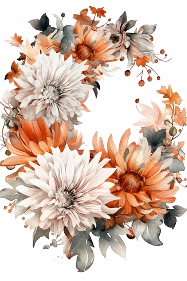 Halloween clipart, Chrysanthemum Delicate watercolor illustration, White background, Cozy, clear picture, 8k, hd, isolatee on a white background, Wreath, Frame Clip Art