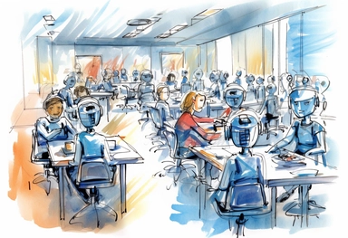 watercolor sketch, simple Clip art, realistic line art, doodle, portrait, In the year 2050, students engage in a transformed learning environment where robots, students, and teachers play distinct roles, Various learning technologies revolutionize the educational landscape, including advanced robotics and artificial intelligence, virtual reality, augmented reality, and intelligent tutoring systems, Learning takes place in a variety of locations, ranging from technologically enhanced physical cla