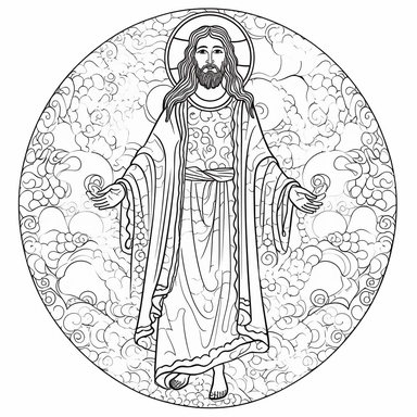 simple black and white clipart for coloring in for ascension day, jesus in beautiful patterned clothing to color in , white background