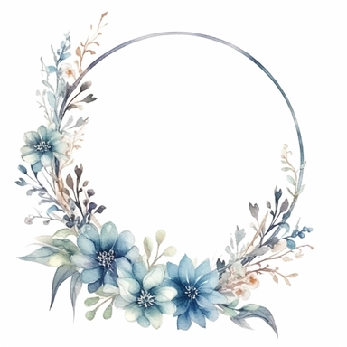 watercolor clipart of a empty suttle dainty floral oval frame surrounded by dusty blue color flowers. Capture the essence of blooming beauty and intricate details in your artwork, white background