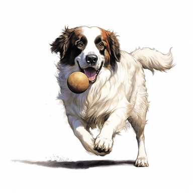 Landseer, Playing Fetch, cartoon, Clipart, white background, no text, no caption