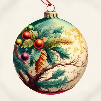 fun vintage christmas tree bauble , bright colours, gouache, clipart, white background