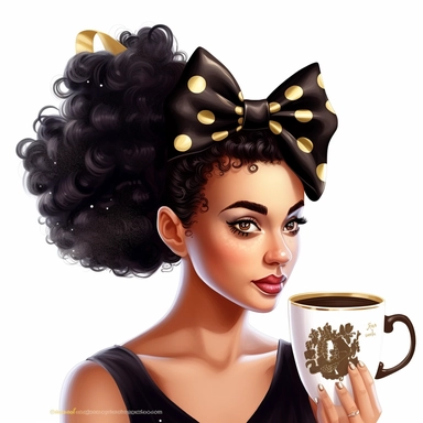 isometric illumination of ultra realistic black woman with coffee hair bow, dita von tesse style, spaced out, sublimation clipart, watercolors and pencil style, isolated on white, ultra-detailed, high quality, ghibli style, award winning, soft realism, chiaroscuro, firecore, massurrealism, cute cartoonish designs, iconic, white background (relaxed, stealth)