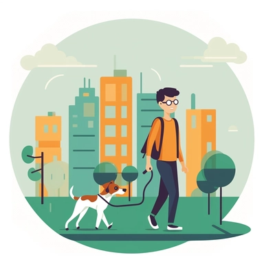 Student walking a dog outside. Style: clipart