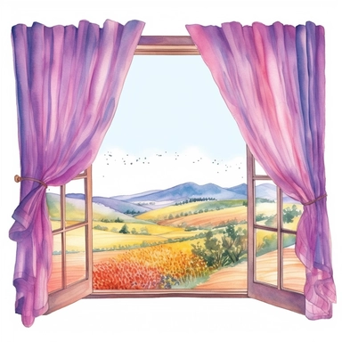 watercolor, hyper realistic, white background, white margins, 16k, ultra detailed clipart, cut out image, hand-drawn a kitchen window with pink and purple curtains, showcasing a scenic view of rolling hills and fields. in the style of colorful ink wash paintings, charming character illustrations, piles/stacks, creative commons attribution, digital painting, barroco