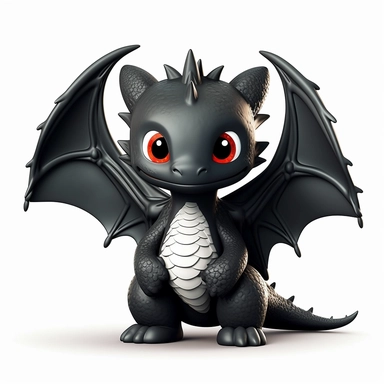 cute baby dragon with wings, black, clipart, 3D, toy, pure white background