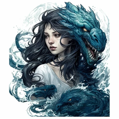 clipart,white background,a fantasy girl with strange dark hair and long dark hair, in the style of light navy and dark cyan, intricate use of hatching, hyperrealistic marine life, manticore, gothic references, masterful shading, captivating figures