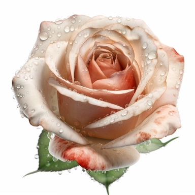 Design a clipart of a single rose with raindrops delicately resting on its petals. Capture the reflective quality of the water droplets, as well as the fine texture and subtle gradients of the petals. The ultra-detailed approach will bring out the photorealistic qualities of the rose, making it appear as if it has just been kissed by rain. Against a white background, the clipart will convey a sense of freshness and tranquility.